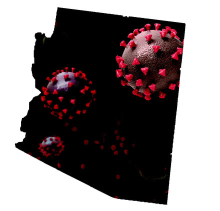 enlarged coronavirus over shape of the state of Arizona