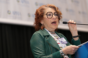 Susan Harris, founder of the New York State Public Health Association's Climate Committee, speaks at an APHA awards ceremony