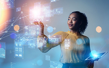 Maximus handout photo, woman holding computer with futuristic background