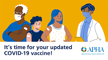 Illustration of people after vaccination with words: It's time for your updated COVID-19 vaccine!