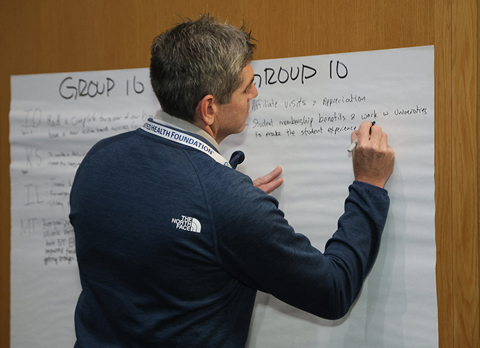 Man stands with back to camera as he writes on giant sheet of sticky paper on the wall. 
