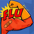 cartoon super hero arm with band aid and the word FLU